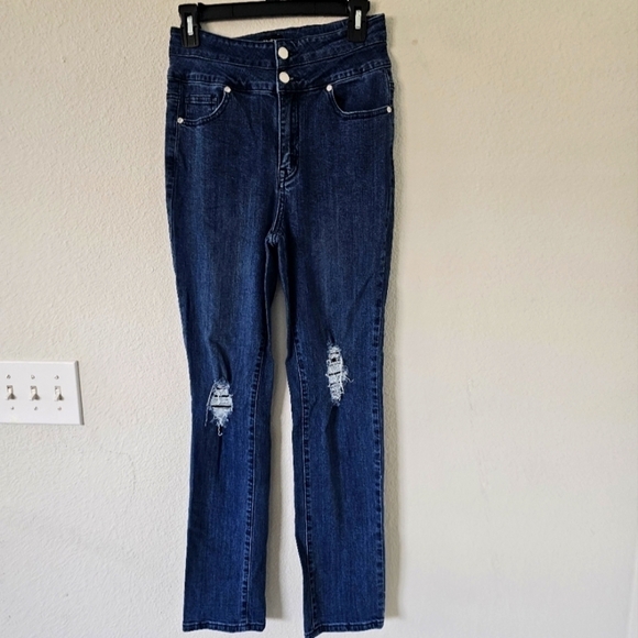 Bebe Jeans womens 29×30 High Rise Blue stretchy Fly Button logo Distressed - Picture 1 of 15